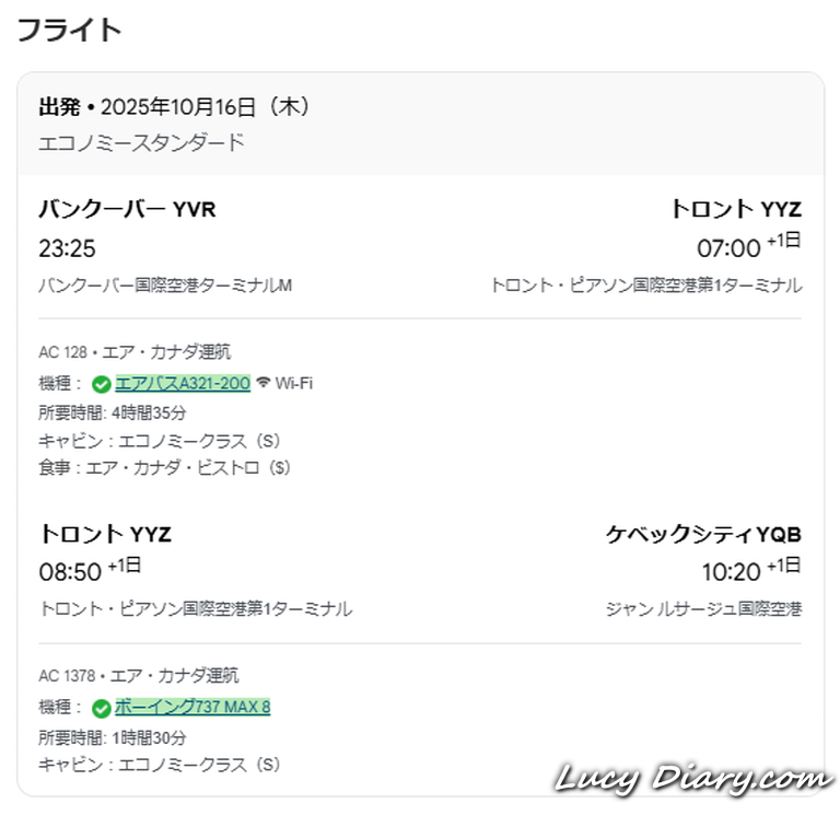 カナダ国内線の旅程